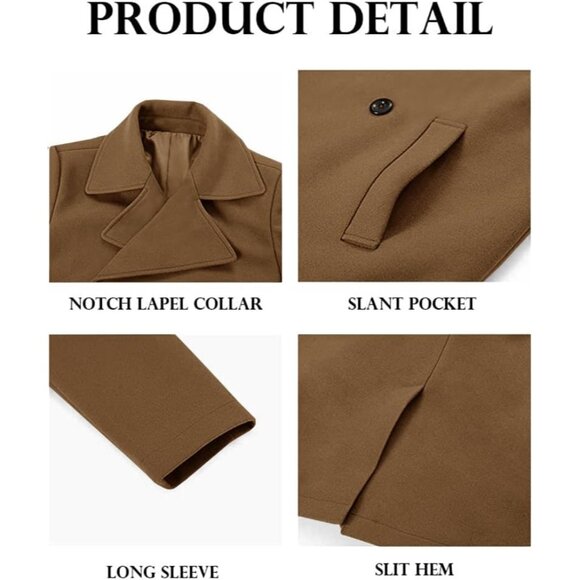 Men's Brown Double Breasted Trench Coat Collar Business Winter Long Coats - Picture 4 of 5